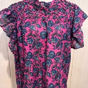 JENNIFER & GRACE 100% Cotton Pink and Blue Floral Ruffle Sleeve Top LARGE